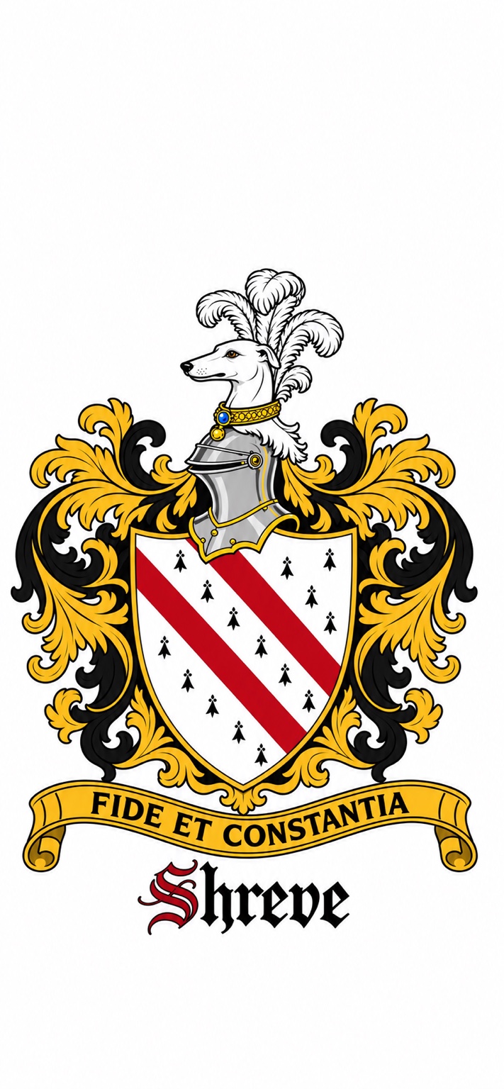 Formal presentation of the Shreve coat of arms with greyhound crest, ermine shield and red bands.